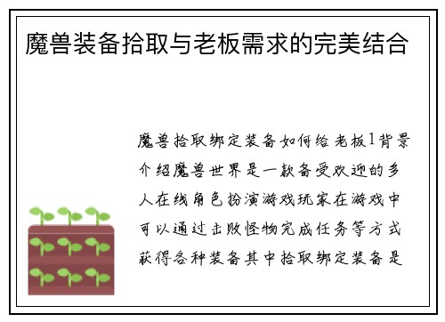 魔兽装备拾取与老板需求的完美结合