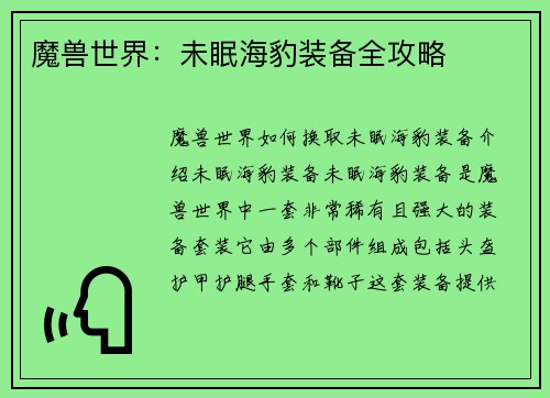 魔兽世界：未眠海豹装备全攻略
